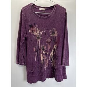 Jess & Jane Purple Floral Top L Made USA Cotton Artsy Boho Layered Hem